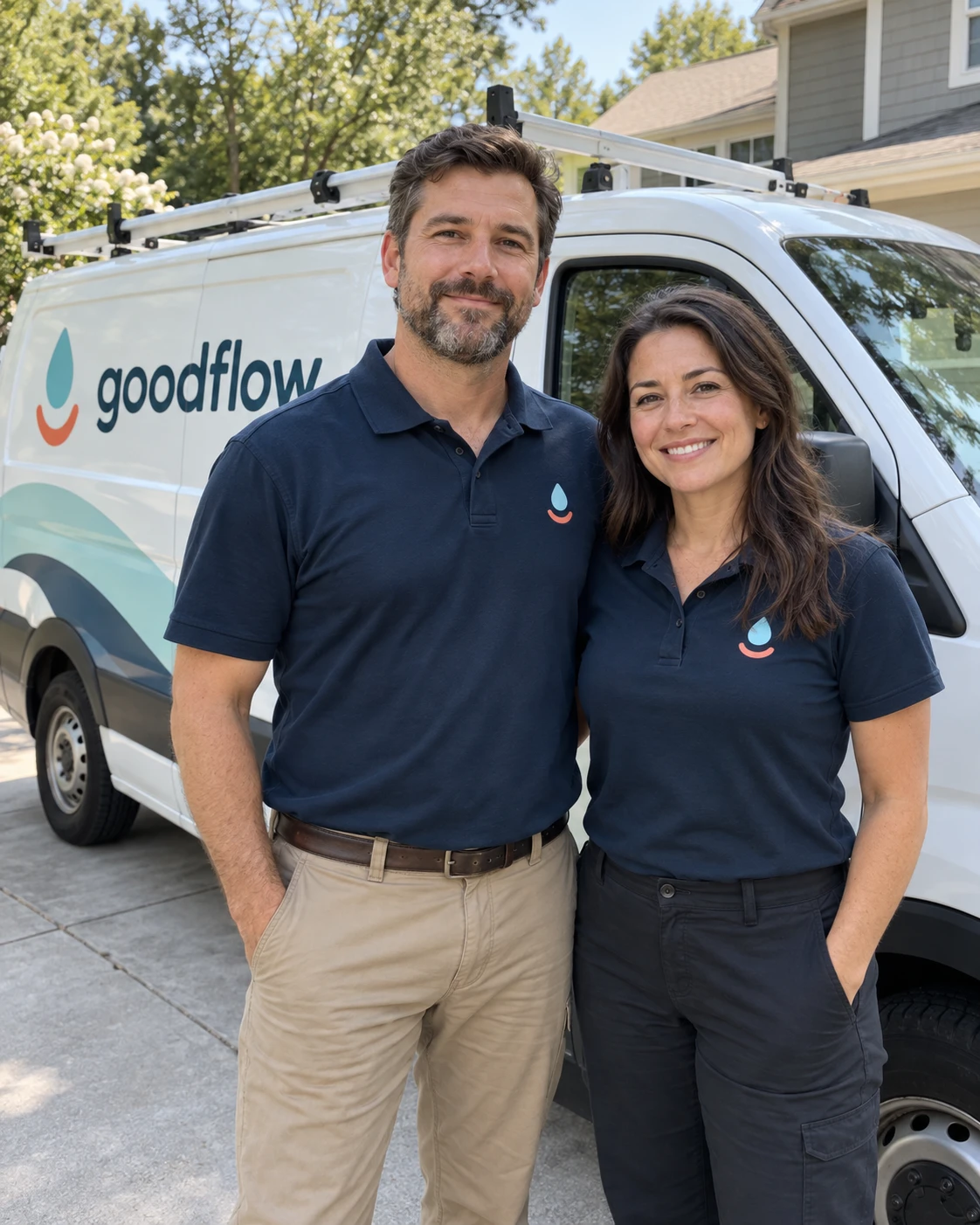 Ethan and Maya Brooks, founders of Goodflow, standing in front of a Goodflow van