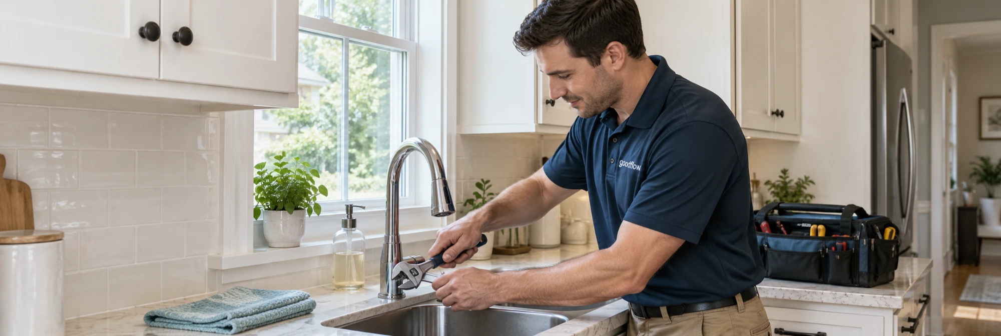A Goodflow plumber in a navy uniform tightening a kitchen faucet in a bright, tidy home